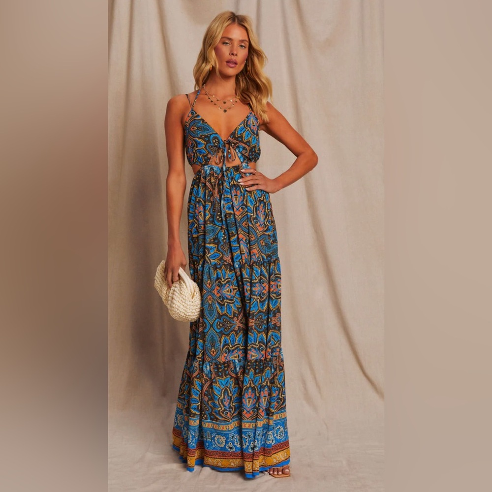 Vici Island  Escape Printed Cutout Halter Maxi Dress